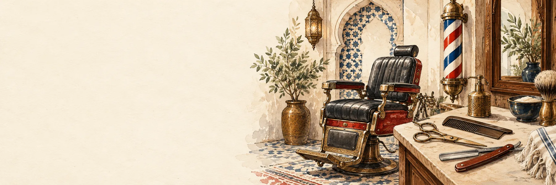Illustration d’un fauteuil et d’un atelier de barbier traditionnel